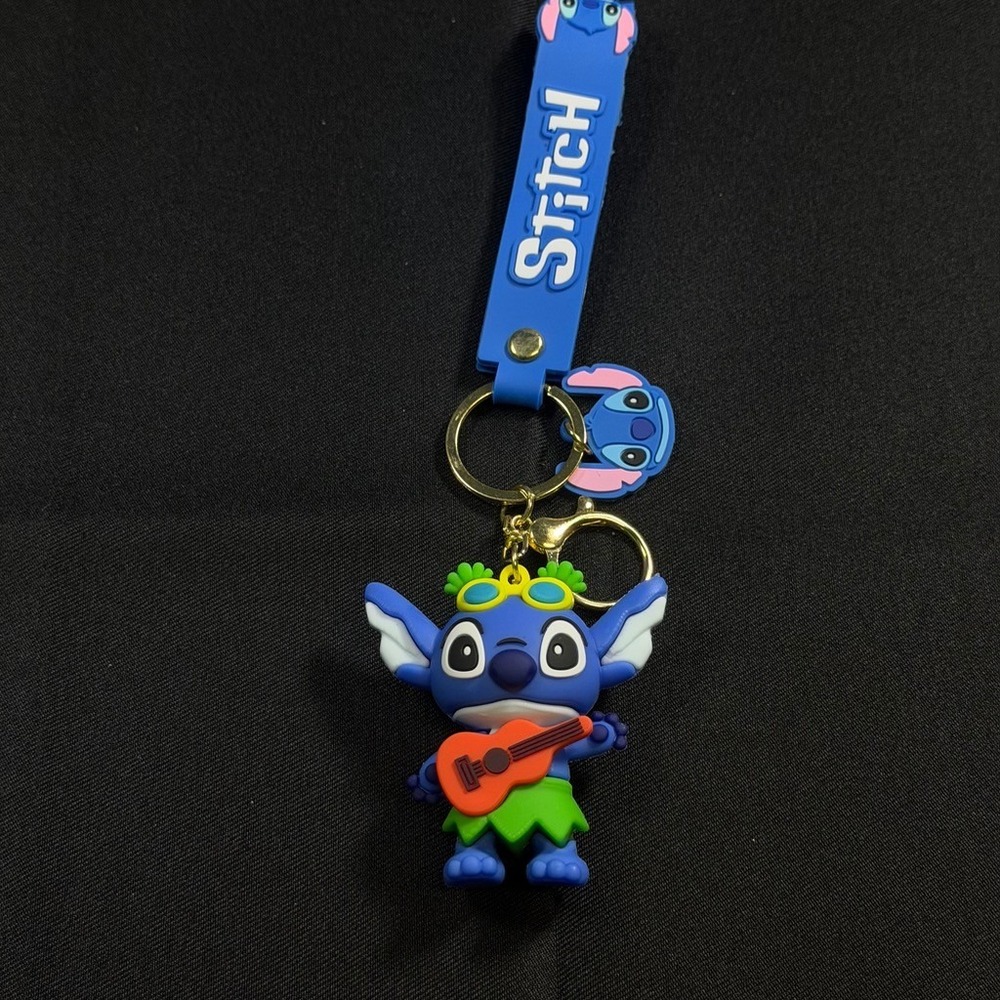 Disney Lilo and Stitch Hula Ukulele Keychain Blue Rubber Strap Keyring